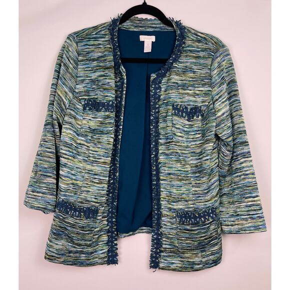 Chico’s Green Teal Tweed Open Front Blazer Cardigan Jacket Size 1 (Medium) - Picture 4 of 9